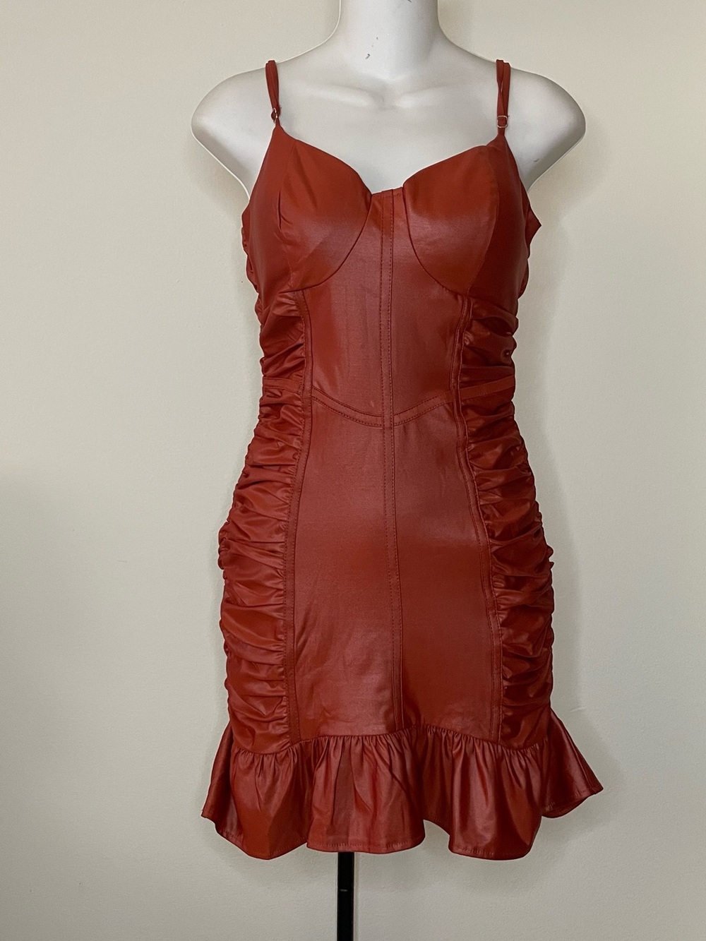 SHEIN Rust Red Faux-Leather Ruched Mini Dress with Ruffle Hem